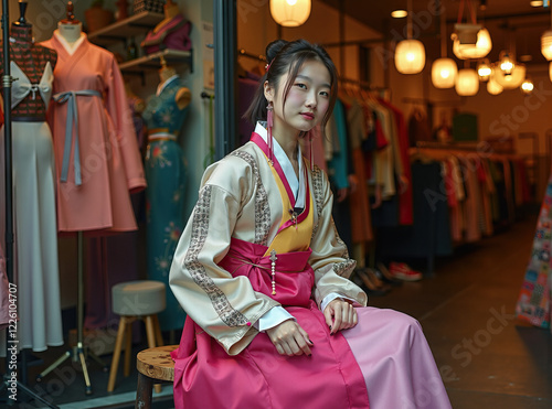 Young Woman in Hanbok Seated in Clothing Boutique