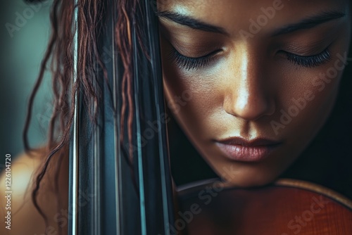 A woman's face, immersed in emotion, rests gently on a cello, capturing a serene and intimate moment of musical connection and reflection.