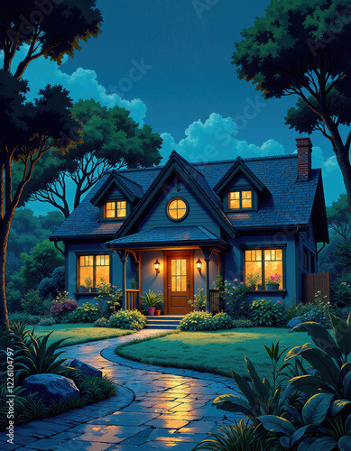 Charming Nighttime Home Surrounded By Lush Greenery And Soft Glowing Lights
