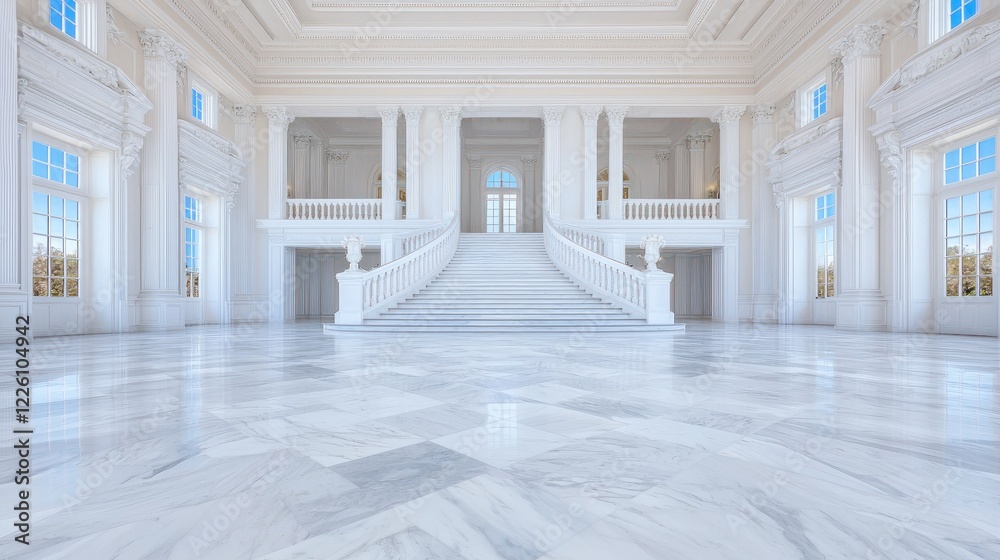 Fototapeta premium Grand white marble staircase in a luxurious empty palace hall illuminated by bright natural daylight.