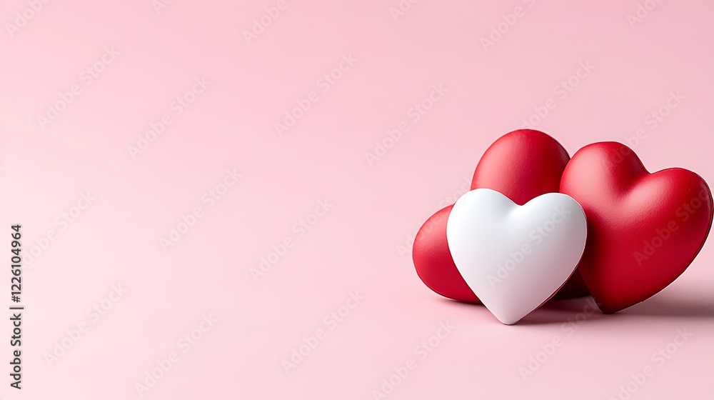 Two red hearts and one white heart on pink background. Two red hearts and one white heart on pink background.