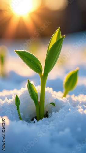 March 8th Symbol – Tiny Green Sprout Breaking Through Snow into Sunlight photo