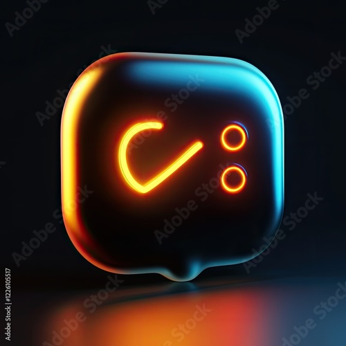 Neon glowing speech bubble with punctuation marks.