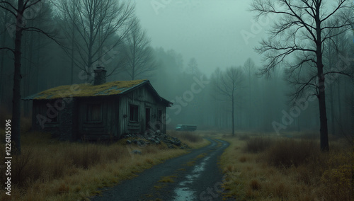 A Rustic Abandoned Cabin On A Foggy Path, Evoking Nostalgia And Mystery In The Wilderness.
