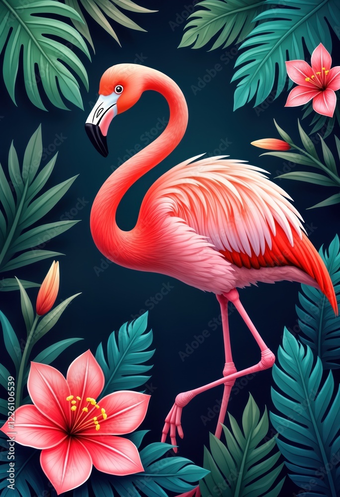 Fototapeta premium Pink flamingo stands in tropical garden. Surrounded by exotic flowers, green leaves. Beautiful vibrant colours in nature scene. Ideal for summer design decorative prints. Illustration evokes sense of