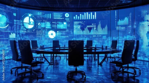 Futuristic conference room with digital displays showcasing data charts and graphs