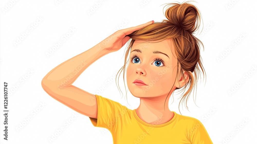 Contemplative young woman with hand on hair in front of white background for creative thinking concepts Contemplative young woman with hand on hair in front of white background for creative thinking concepts
