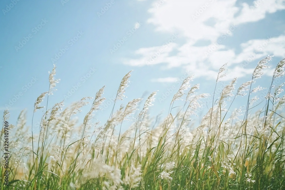 Serene landscape of tall grass swaying in the gentle breeze under a bright blue sky Serene landscape of tall grass swaying in the gentle breeze under a bright blue sky