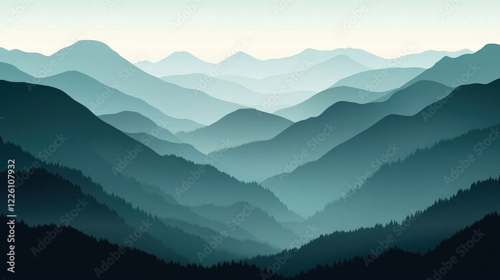Obraz premium Serene mountain landscape with layered hills and soft hues at dawn, ideal for tranquil backgrounds