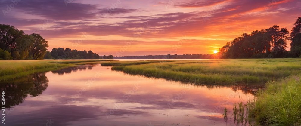 Obraz premium A peaceful sunset on a calm river bordering grassy fields; suitable for nature-themed presentations, calm environment concepts, or tranquil backgrounds