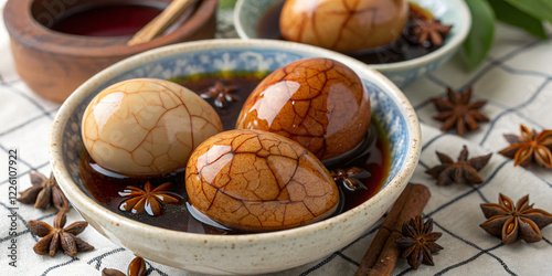 Hard-boiled tea eggs with cracked marble patterns, displayed in a traditional ceramic bowl with star anise and soy sauce