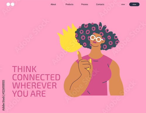 Thinking people, modern flat vector concept illustration- woman standing thoughtfully, looking upwards, bubble near head Metaphor for reflection, analysis, introspection, contemplation, deep thought