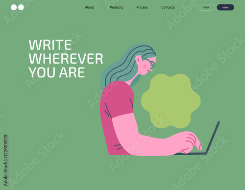 Writing people, modern flat vector concept illustration- sitting woman thoughtfully writing on laptop, bubble near head Metaphor for reflection, personal insight, contemplation, creative expression