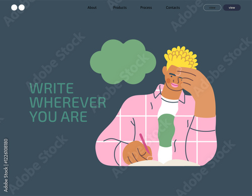 Writing people, modern flat vector concept illustration- sitting man thoughtfully writing on notebook, bubble near head Metaphor for reflection, personal insight, contemplation, creative expression