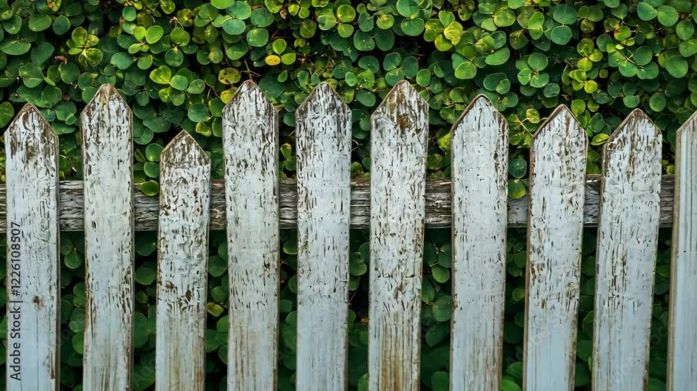 Weathered wooden fence against a backdrop of lush green clover leaves in a tranquil garden setting Weathered wooden fence against a backdrop of lush green clover leaves in a tranquil garden setting
