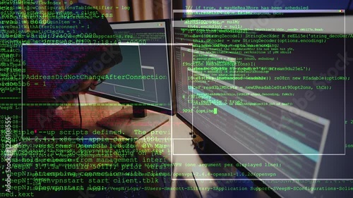 Hacker in hood works on multiple monitors, cracks passwords and infiltrates banking systems. Network security breaches show identity theft while anonymous cybercriminal types binary code on keyboard