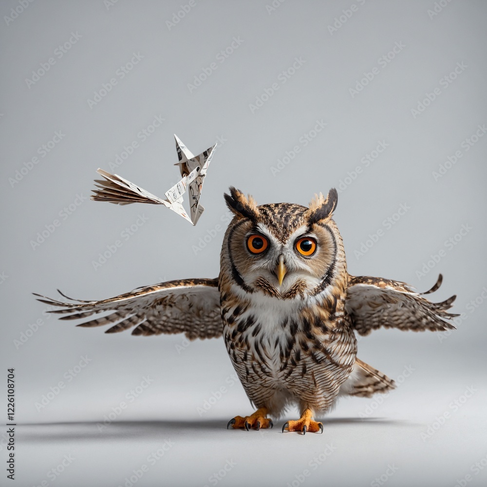 Fototapeta premium A cartoon owl flying a tiny paper airplane, its wings spread wide with a playful expression on a white backdrop.