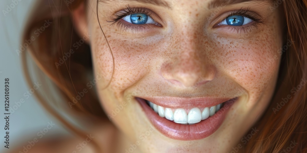 Close-Up Portrait Capturing a Person's Bright Smile with Freckled Skin and Blue Eyes Radiating Happiness and Positivity Close-Up Portrait Capturing a Person's Bright Smile with Freckled Skin and Blue Eyes Radiating Happiness and Positivity