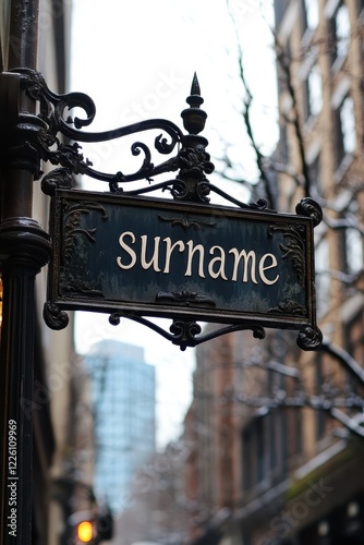 A historic wrought iron street sign with the word 