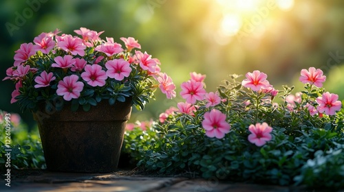 Wallpaper Mural Pink Petunias Blooming in Pots Under Sunlight Torontodigital.ca
