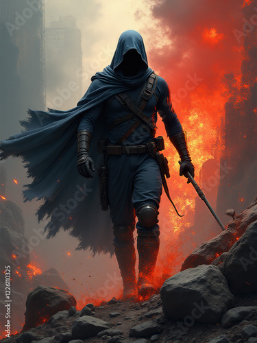 Dark Hooded Figure Walks Through Fiery Lava Landscape
