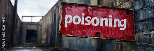 Rusty red sign warning of possible poisoning in a neglected, abandoned industrial building, creating an eerie and forewarning atmosphere in the empty alleyway