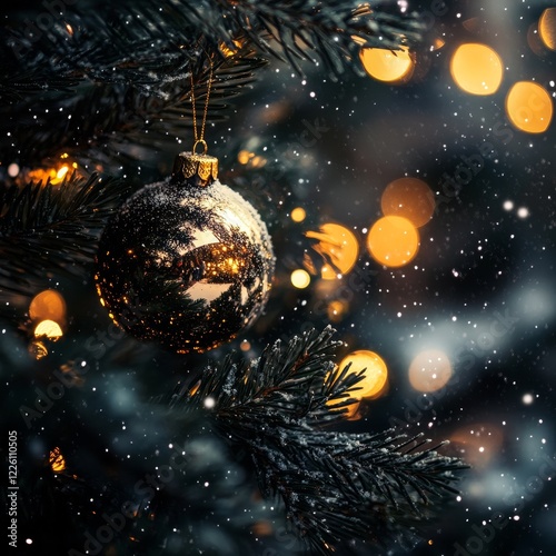 A detailed image of an ornate Christmas ornament glistening on a lush green tree branch, surrounded by warm glowing lights and falling snow, evoking festive cheer. photo