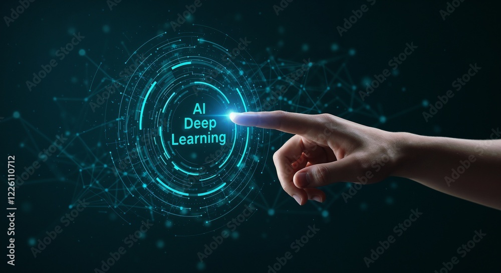 A concept of artificial intelligence, showing a hand interacting with a deep learning interface surrounded by digital neural connectivity.
A concept of artificial intelligence, showing a hand interacting with a deep learning interface surrounded by digital neural connectivity.