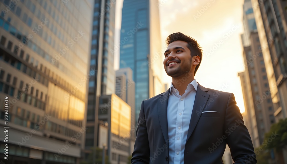 A happy, successful Indian businessman standing confidently in the street of a modern city, surrounded by towering skyscrapers during a sunset. A happy, successful Indian businessman standing confidently in the street of a modern city, surrounded by towering skyscrapers during a sunset.