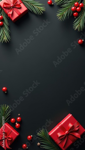 Festive Christmas Scene Wallpaper: Red Gift Boxes, Fir Branches, and Decorative Balls photo