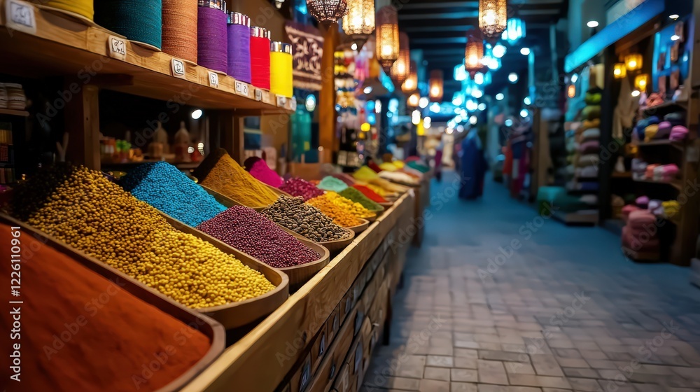 Traditional Arabian souk in Dubai with colorful textiles, spices, and lanterns on display Traditional Arabian souk in Dubai with colorful textiles, spices, and lanterns on display