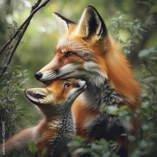 A touching scene of a fox mother intimately nuzzling her cub in a lush, green forest setting, showcasing a heartfelt bond in the midst of nature’s beauty and tranquility.