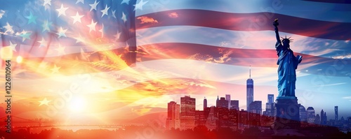 Dramatic sunset over new york city skyline with statue of liberty and american flag waving