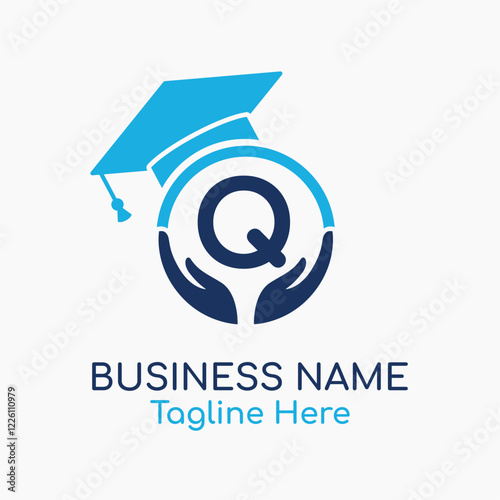 Initial Q Education Logo with Graduation Logo. School Education Care and Hand Logo Concept. Student Help Logo Design Vector