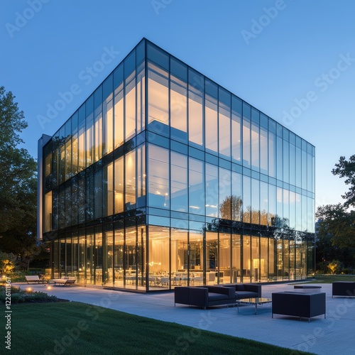 The image showcases a contemporary glass-structured building illuminated warmly at sunset, with reflections of surrounding trees, offering a glimpse into a modern lifestyle.