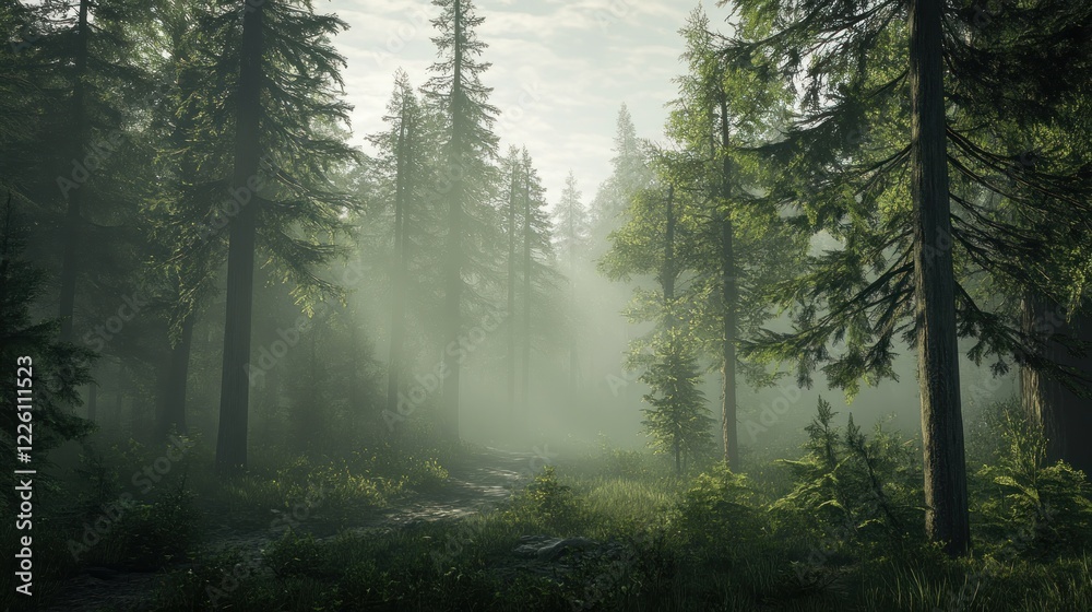 Fototapeta premium Misty Forest Path with Tall Trees and Soft Light at Sunrise or Sunset