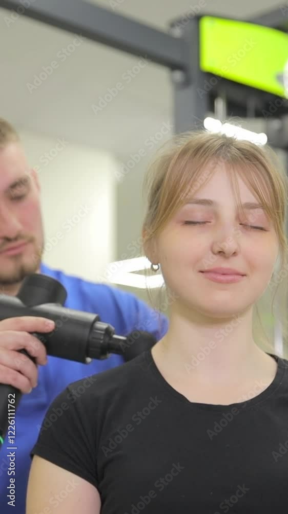 A rehabilitation therapy session with massage gun stimulation for muscle recovery and relaxation in a modern fitness room