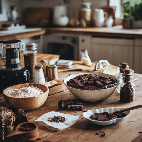 A rustic kitchen table displays a chocolate dessert with chocolate bars and baking ingredients, reflecting coziness and culinary creativity in a homely setting.