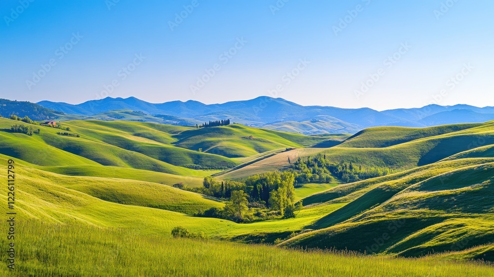 Fototapeta Rolling green hills under a clear blue sky create a peaceful and scenic landscape