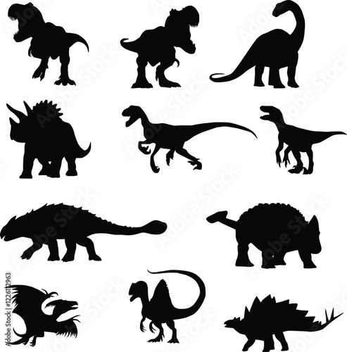 Dinosaur Silhouettes Collection. A diverse set of black dinosaur silhouettes, suitable for use in posters, children's books, and educational materials about prehistory