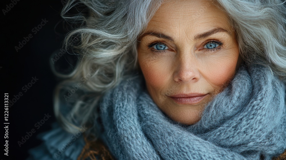 A captivating portrait of a mature individual with striking blue eyes and gray hair, wrapped in a cozy scarf, embodying wisdom and elegance. A captivating portrait of a mature individual with striking blue eyes and gray hair, wrapped in a cozy scarf, embodying wisdom and elegance.