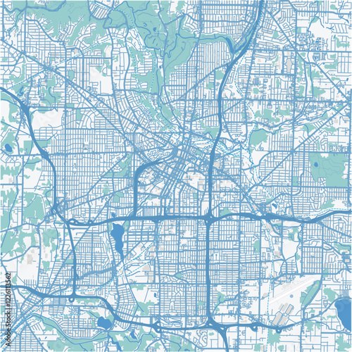 Map of Akron in Ohio in a professional blue style. Contains layered vector with roads water, parks, etc.
