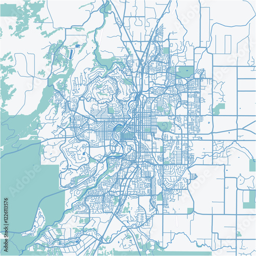 Map of Bend in Oregon in a professional blue style. Contains layered vector with roads water, parks, etc.