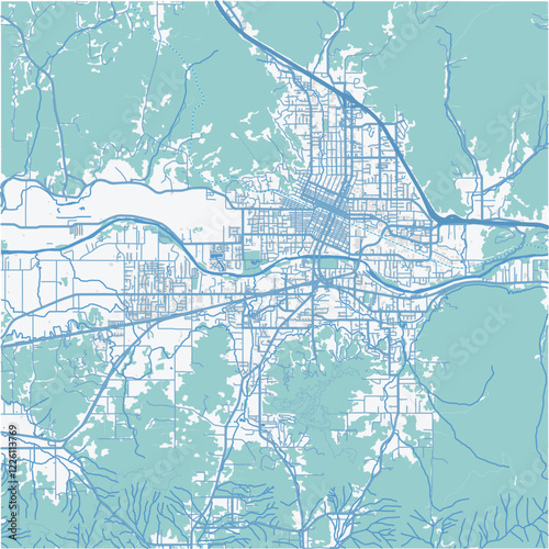 Map of Grants pass in Oregon in a professional blue style. Contains layered vector with roads water, parks, etc.