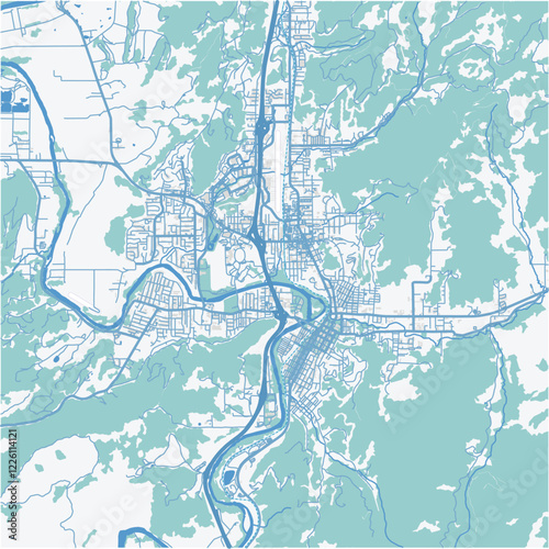 Map of Roseburg in Oregon in a professional blue style. Contains layered vector with roads water, parks, etc.