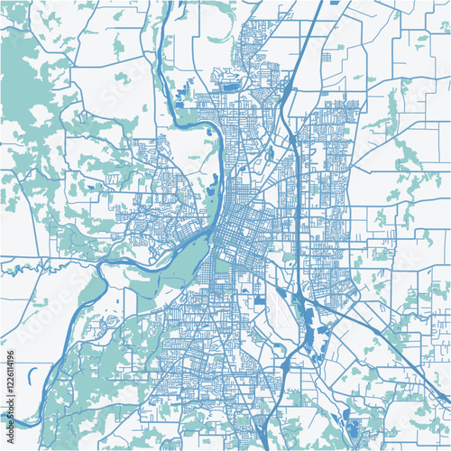 Map of Salem in Oregon in a professional blue style. Contains layered vector with roads water, parks, etc.
