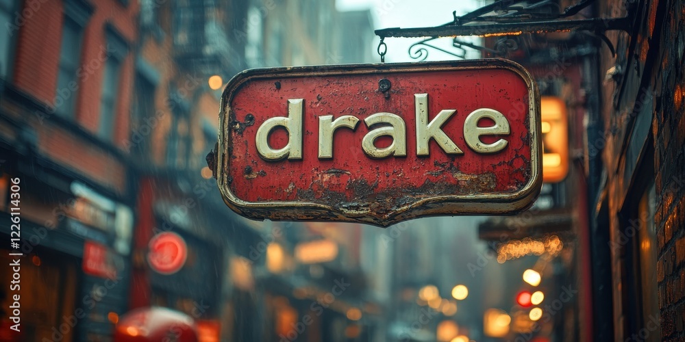 Rustic and Weathered Red Signboard Hanging on a Brick Wall in a Narrow Vintage Street Capturing Urban Charm and Timeless Atmosphere in Dim Lighting