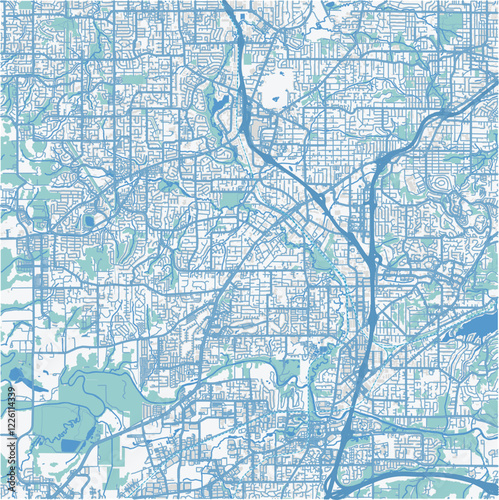 Map of Tigard in Oregon in a professional blue style. Contains layered vector with roads water, parks, etc.