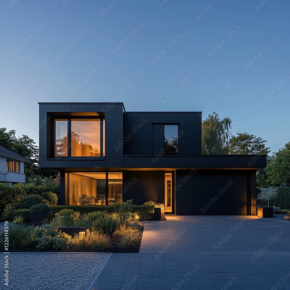 A striking, dark-colored modern house with glowing glass windows, set in a serene environment and beautifully landscaped garden, during twilight.