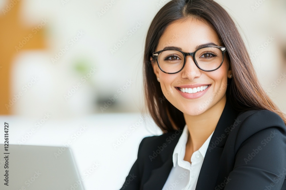 Woman wearing glasses and a black suit is smiling at the camera Woman wearing glasses and a black suit is smiling at the camera